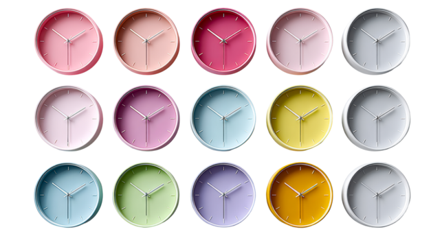 Collection of fifteen circular analog wall clocks in various pastel and bright colors displayed in rows, cut out transparent