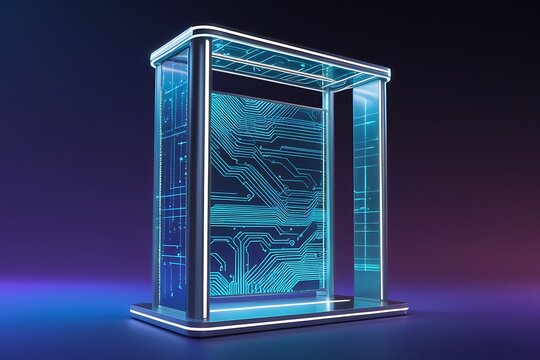 Futuristic holographic display pod with glowing blue energy patterns