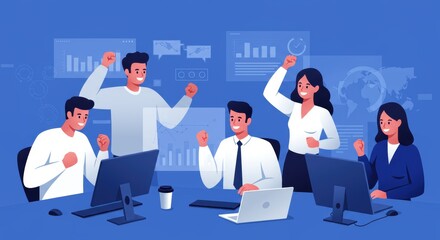 Excited diverse business team celebrates achieving goals in modern office workspace with data analytics and global connectivity