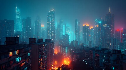 Neon-lit cityscape at night, blank space in the top-left for business tagline insertion