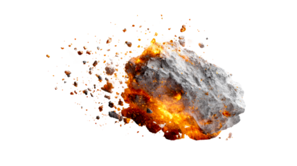 Fiery Asteroid Exploding With Glowing Debris Flying Outward, cut out transparent