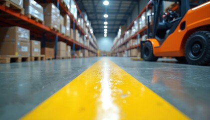Busy warehouse interior with rows of shelves packed with boxes. Orange forklift visible on right. Yellow safety lines mark walkways on concrete floor, indicating organized movement, pedestrian zones