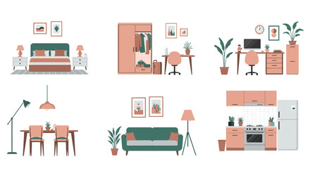 Collection of flat vector illustrations showcasing various rooms in a house: bedroom, office, living room, dining area, and kitchen.