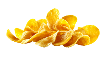 Heap of golden crunchy cornflakes close up on a white background, cut out transparent