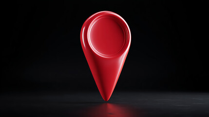 High-quality 3D render of a glossy red location pin centered on a clean black background, minimalistic composition, isolated object, professional lighting, stock photo style