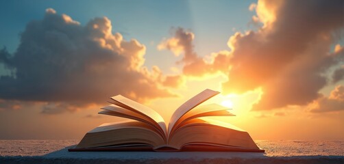 Open book against dramatic sky at sunset. Pages flutter in the wind, suggesting growth, opportunity, and wisdom. Represents determination, education, and business concepts. Horizon view with clouds.