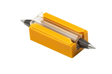Pencil sharpener with transparent chamber and dual blades on white background for effective pencil sharpening