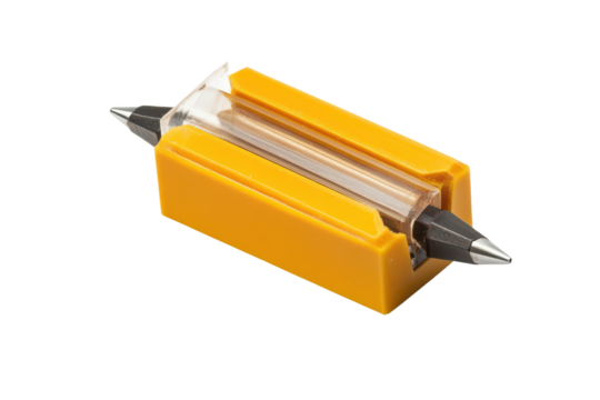 Pencil sharpener with transparent chamber and dual blades on white background for effective pencil sharpening
