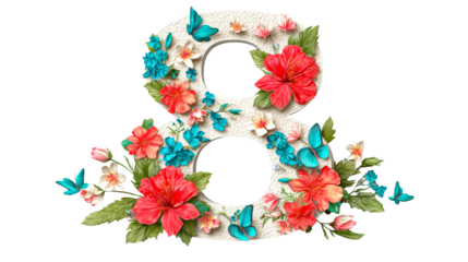 Number 8 decorated with vibrant hibiscus flowers and tropical butterflies, cut out transparent
