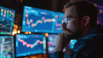 Focused man analyzing stock market data on multiple computer screens at night