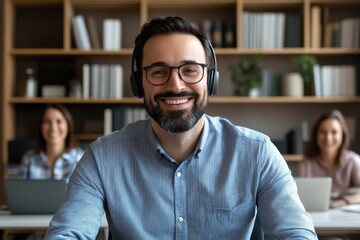 Fototapeta premium Webcam view of a smiling businessman engaging in a friendly online meeting, talking to colleagues or clients with a headset, creating a positive and collaborative atmosphere in office, Generative AI