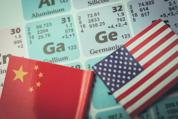 Ge (Germanium) Ga (Gallium) in the periodic table with Chinese and American flag. US vs China chip war or tech war, semiconductor industry concept. China curbs on exports of rare germanium and gallium