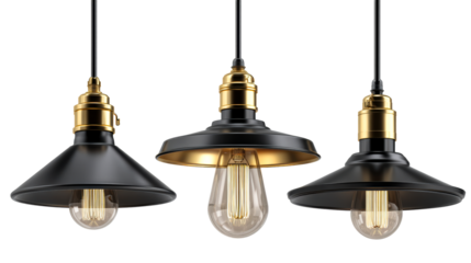 Three hanging pendant lights with black shades and gold accents showcasing Edison bulbs, cut out transparent