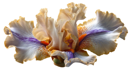 Close-up view of a ruffled iris flower with delicate petal texture and vibrant purple streaks, cut out transparent