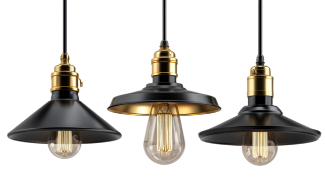 Three hanging pendant lights with black shades and gold accents showcasing Edison bulbs, cut out transparent