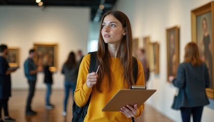 Young woman intern guides visitors through museum gallery. Holding clipboard, pencil, she interacts with people viewing art. Internship offers educational experience in culture, history, visual arts.