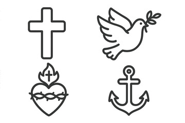 Christian symbols icon set. Cross, dove of peace, sacred heart of Jesus, and anchor of hope. Faith, love, and spirituality concept. Minimalist line art vector illustration.