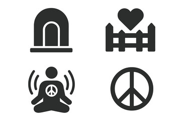 Peace icons glyph set. Solid symbols of harmony, acceptance, calm, love. Metaphor for mental health, mindfulness, meditation aura, spiritual doorway, welcome gate, inner peace.