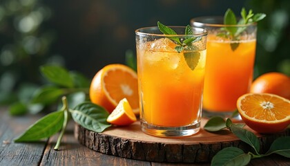 Fototapeta premium Two tall glasses filled with vibrant orange juice, ice, garnished with fresh mint leaves. Whole, sliced fresh oranges placed on rustic wooden surface, with subtle splash of juice in foreground.