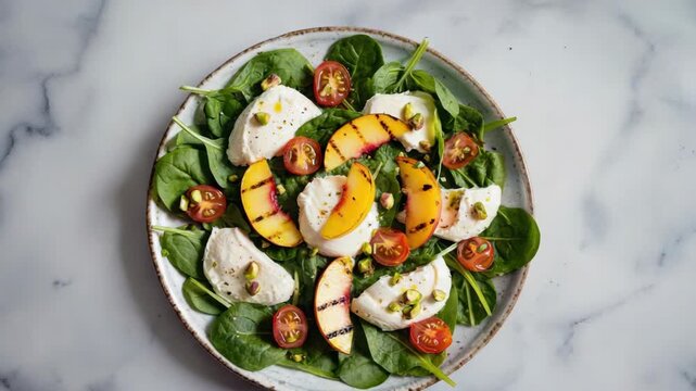 A vibrant and healthy meal of fresh arugula, tomato, apple, goat cheese with some seasoning on a plate.