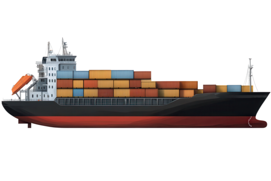 Cargo ship with vibrant containers sailing through transparent background, showcasing modern shipping design and logistics operation