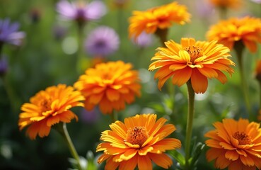 Vibrant orange daisy flowers bloom in sunlit garden. Delicate petals showcase natural beauty, with purple blossoms blurred in background. Macro shot captures intricate details of flora, perfect for