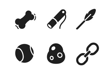 Pet toy solid icon set. Vector glyph collection for dog and cat accessories. Interactive play objects like squeaky bone, laser pointer, feather wand, ball, puzzle feeder, tug.