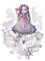 Illustration of a ghost girl with a heart in her hands, a creepy doll, on a smoky background