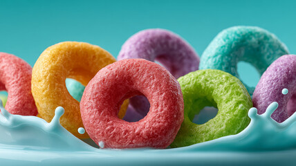 Colorful cereal loops in milk with a vibrant splash.