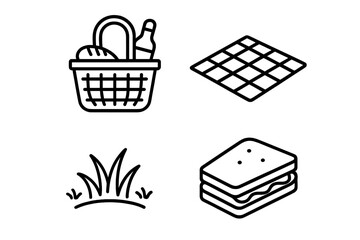 Picnic icon set. Summer park lunch concept. Vector collection with basket, food, bottle, bread, sandwich, grass and blanket. Outdoor leisure activity symbols. Line art.