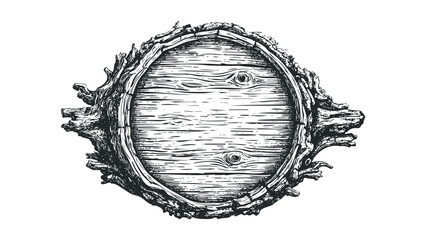 Circular wooden sign with rough bark border. Vector hand drawn illustration