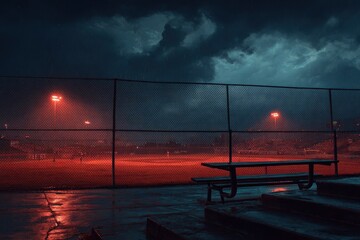 Night game glory as storm clouds loom over a vibrant baseball field illuminated by warm lights in a tense atmosphere during a thrilling match