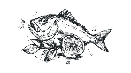 Sketch of a Raw Fish With Lemon Slice and Leaves. Vector hand drawn illustration