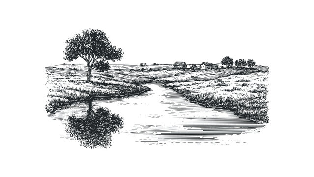 Hand-drawn rural landscape with winding river and farmhouse on horizon. Vector hand drawn illustration