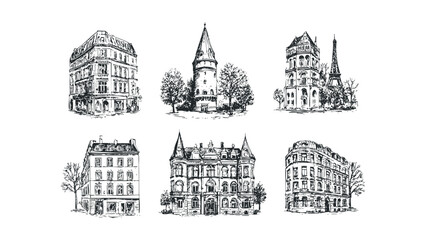 Vintage Architectural Sketches of European Buildings and Landmark Tower. Vector hand drawn illustration