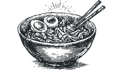 Ink Sketch of a Bowl of Ramen Noodles with Chopsticks and Eggs on Transparent Background. Vector hand drawn illustration