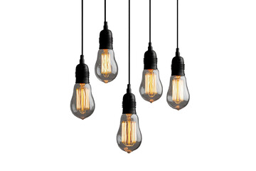 Vintage light bulbs hang delicately from black cords, creating a warm and nostalgic atmosphere in a rustic setting with a neutral background