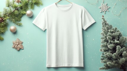 Christmas and new year mockup of plain white t-shirt with decorative christmas tree and holiday ornaments on pastel festive background, minimalist winter apparel branding design with copy space for fa