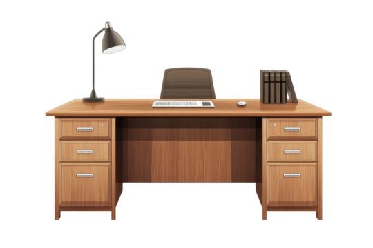 Stylish office desk with lamp and organized workspace showcases a modern professional environment during daytime hours
