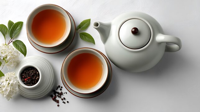 Elegant simple tea set and delicate porcelain placed on a clean white background, featuring a large blank space at the lower right, perfect for text insertion and customization in marketing materials.