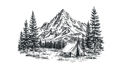 Sketch of a camping tent pitched in a forest clearing facing a mountain. Vector hand drawn illustration