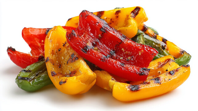 igh-quality close-up of sliced grilled bell peppers, vibrant colors, isolated on white background