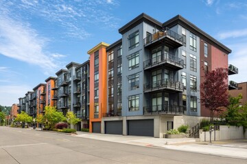 Modern low rise apartment building showcasing stylish architecture and a vibrant facade in an urban neighborhood during a sunny day