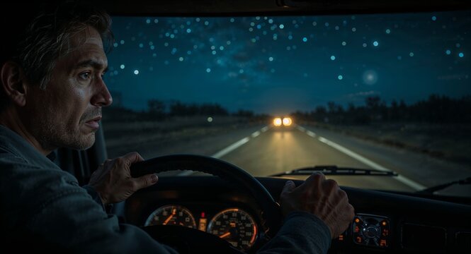 Focused Man Driving Car at Night on a Dark Highway with Approaching Headlights Under a Bokeh Starry Sky - Powered by Adobe