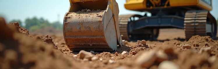 Fototapeta premium Close-up of yellow excavator bucket digging earth on sunny day. Heavy machinery worksite, industrial construction, engineering project in progress. Machine moves dirt, rocks for infrastructure
