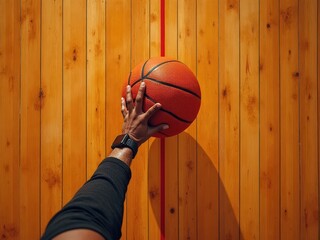 Overhead dribble shot of basketball and player hand on wooden court floor