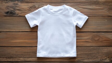 Christmas kid t-shirt mockup on wooden background featuring white shirt with festive holiday decorations, minimal seasonal design for branding, logo placement, and custom print presentation
