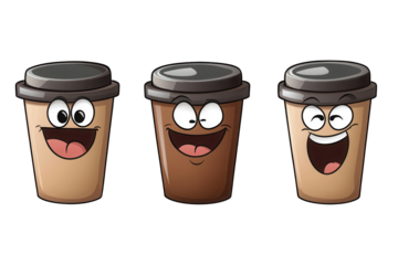 Vintage retro style cartoon coffee cups showcasing happy faces and expressions in a vibrant design on a transparent background, perfect for playful artistic projects and fun promotions