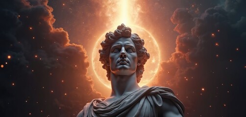 Obraz premium Apollo bust sculpture, Ancient Greek god of Sun, Poetry, rendered in white plaster marble. Majestic stone head represents history, art, culture, with dramatic shadows, light from celestial sun
