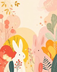 Soft Bunny Wallpaper Whimsical Easter Bunny and Bunny Rabbits with Colorful Spring Flowers and Foliage in Soft Pastel Hues an embroidered soft bunny pattern